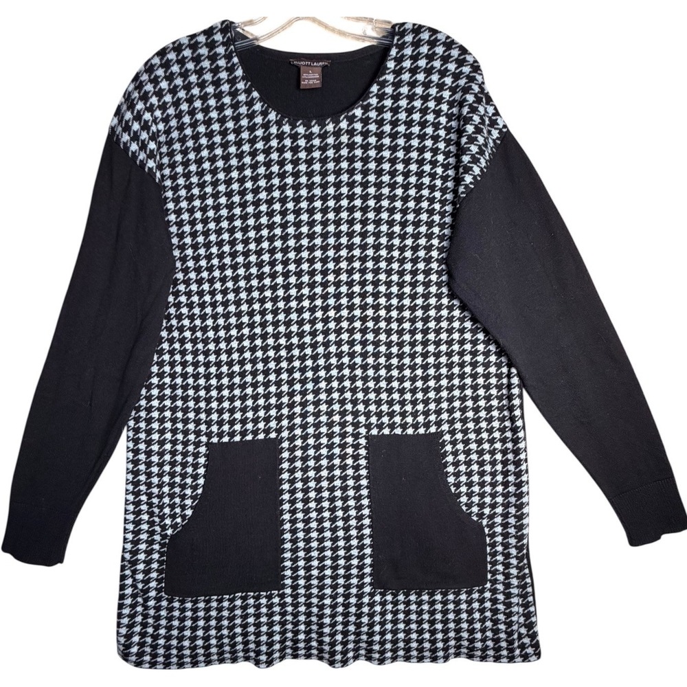 Elliott Lauren Houndstooth Cotton Cashmere Knit Tunic Sweater Sz L Patch Pockets